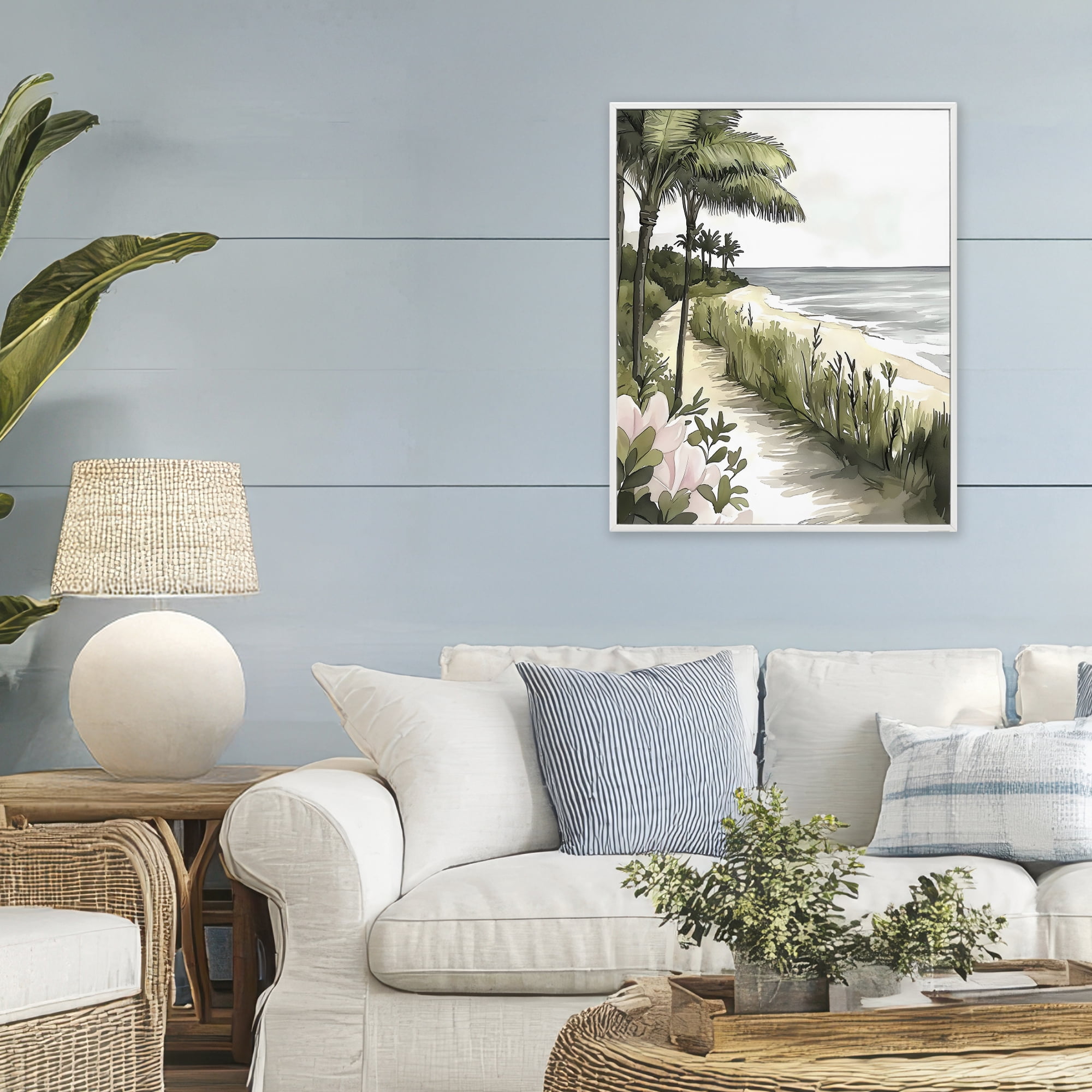 Stupell Industries Coastal Calm Palm Tree Pathway White Framed Giclee Art, design by Riley B