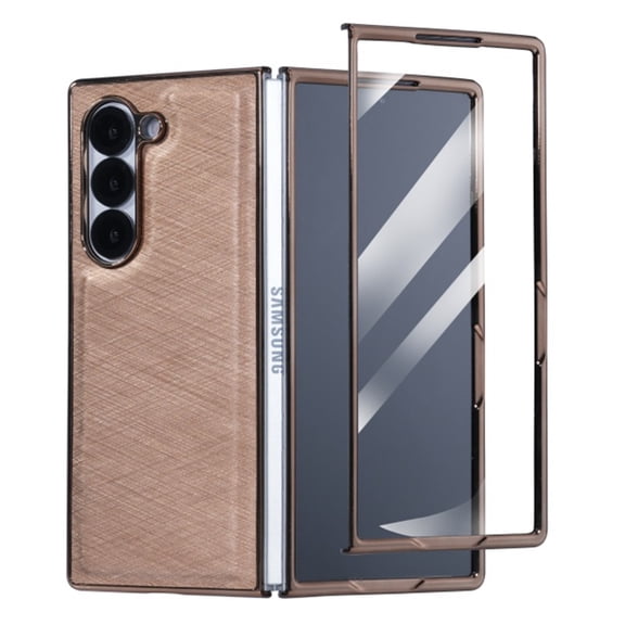 for Samsung Galaxy Z Fold 5 Case with Tempered Glass Screen Protector, Plating Frame Fabric Texture Back, Ultra Slim Lightweight Shockproof Protective Anti-Scratch Phone Cover, Titaniumgold