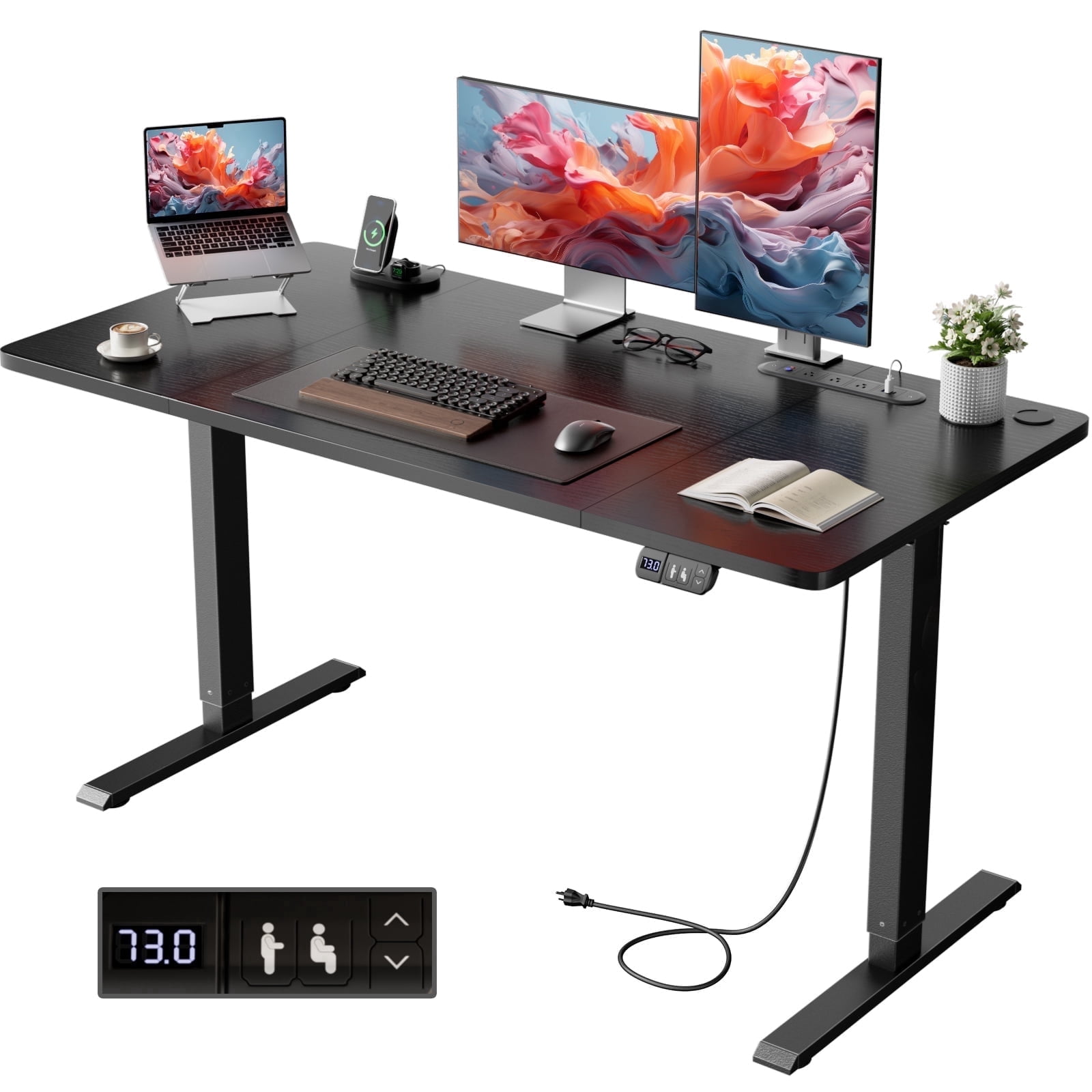 HLDIRECT 47" Electric Standing Desk with Outlets, Sit Stand up Desk, Adjustable Height Home Office Desk with 2 Preset Heights for Work Study, Black