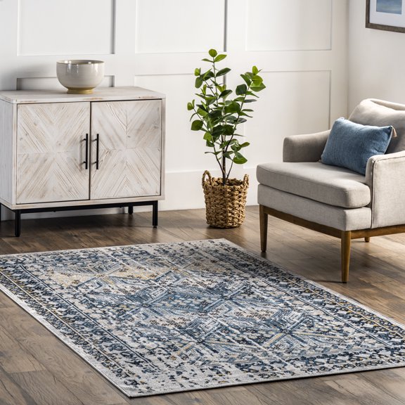 nuLOOM Vintage Diamond Machine Washable Area Rug, 8' x 10', Blue, Eco-Friendly