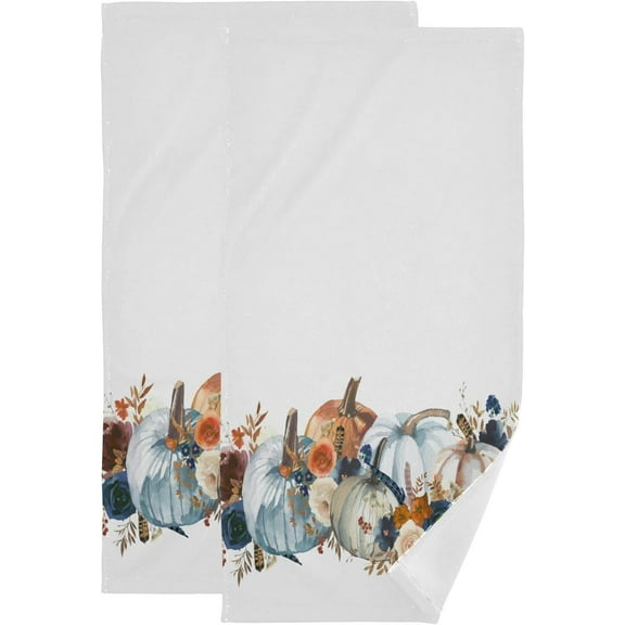 Watercolour Pumpkin Fall Hand Towels for Bathroom, Floral Bouquets Navy Blue Orange Kitchen Towel Set of 2 Ultra Soft and Highly Absorbent Decorative Face Bath Towels for Spa & Hotel, 28.3"x14.4"