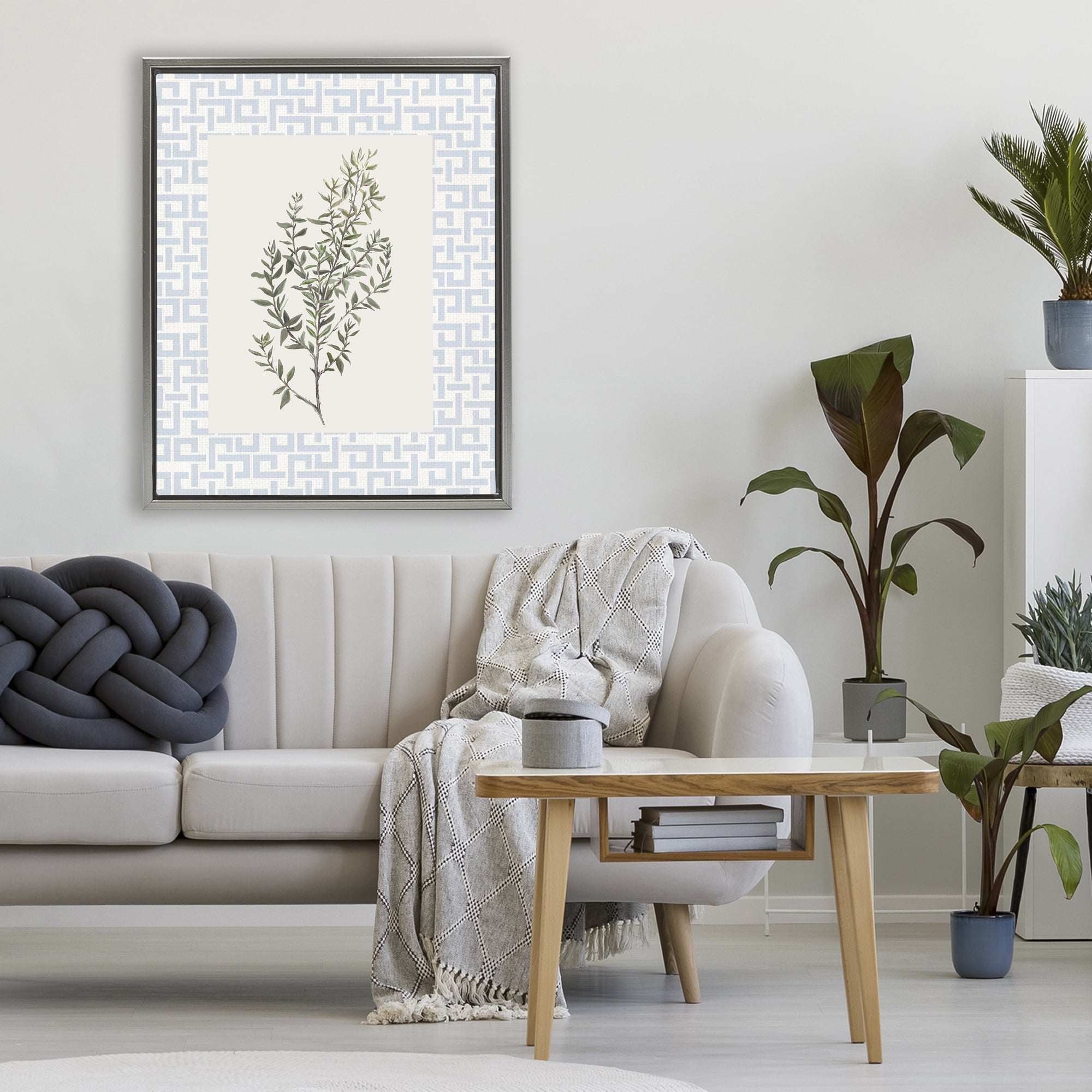 Stupell Industries Leafy Herb on Geometric Gray Framed Floater Canvas Wall Art, design by Diannart