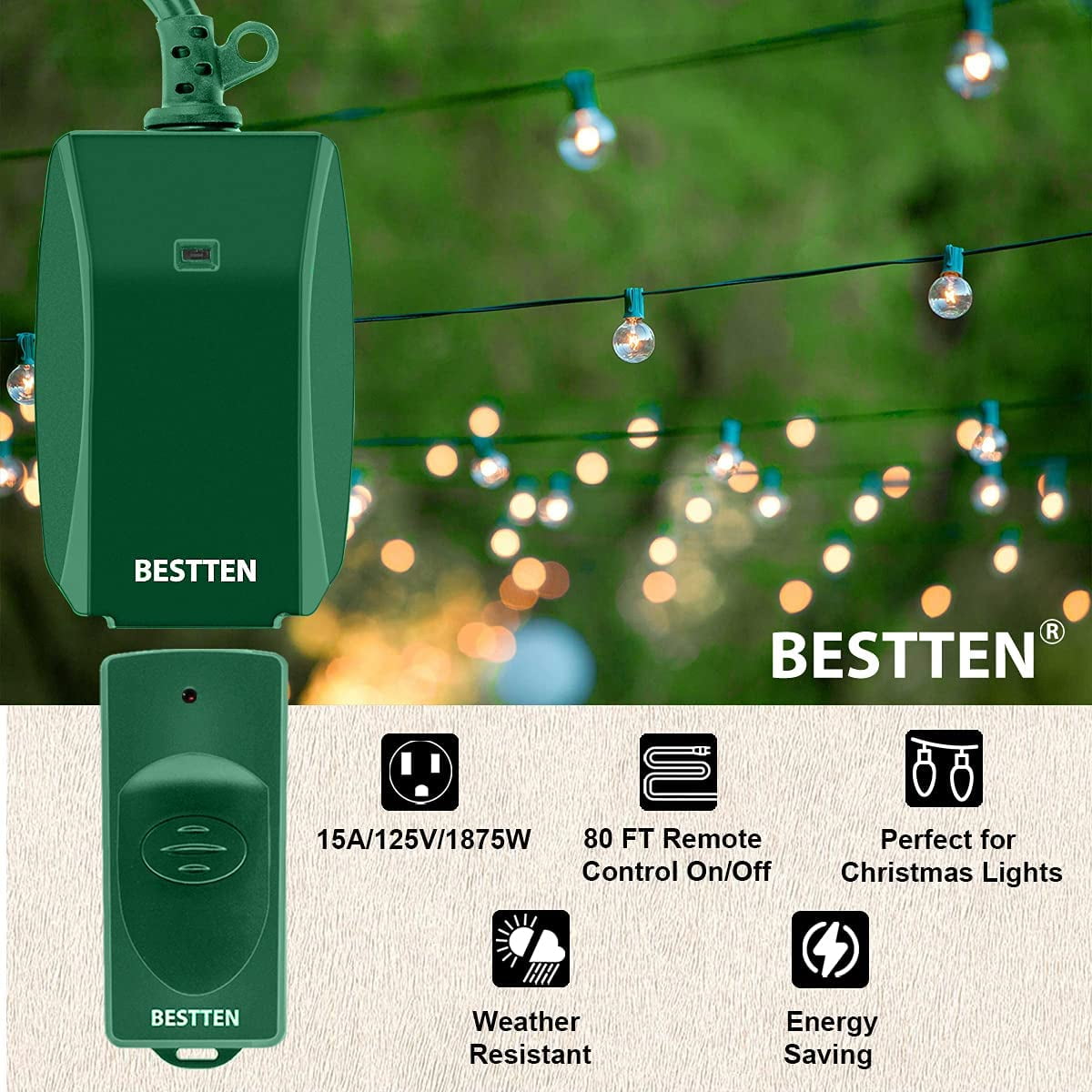 [3 Pack] BESTTEN Wireless Remote Control Outdoor Outlet Switch with 6-Inch  Heavy Duty Power Cord, 2 Grounded Outlets, Weatherproof, 15A/125V/1875W