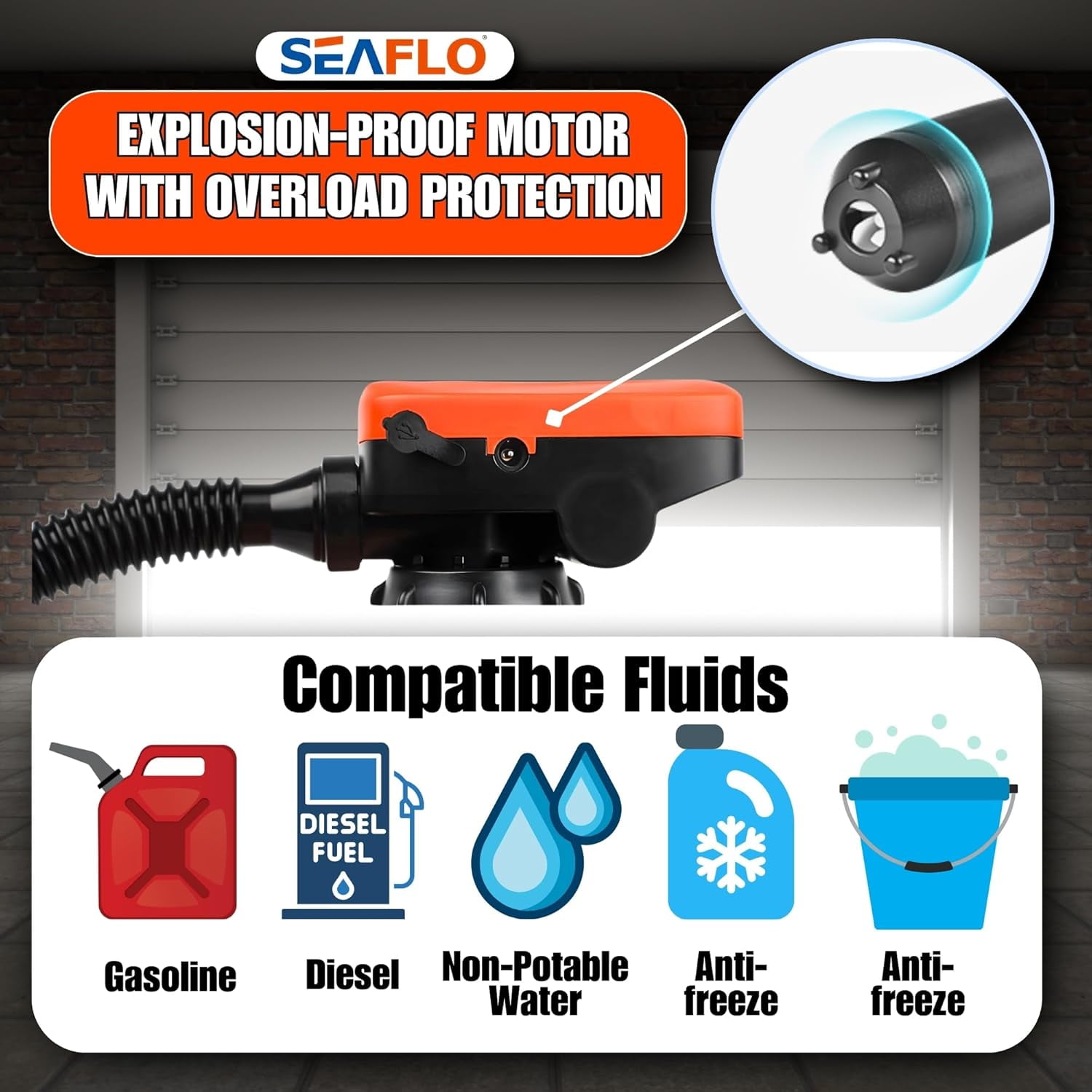 SEAFLO Fuel Transfer Pump – Battery Operated, 2.4 GPM (9.0 LPM) Flow, Level Sensor Auto-Stop, Explosion-Proof Motor, 4-Year Warranty | For Gasoline, Diesel, and More (Model SFFTP5-024-02)