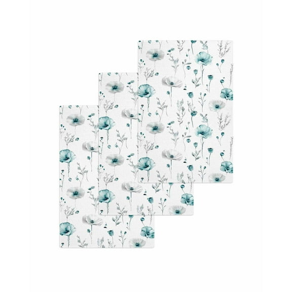 Turquoise Flowers Kitchen Dish Towels for Drying Dishes Set of 3, Farmhouse Spring Botanical Floral Waffle Weave Microfiber Terry Hand Tea Bathroom Towels Quick Dry & Absorbent Towel 15.7x23.6