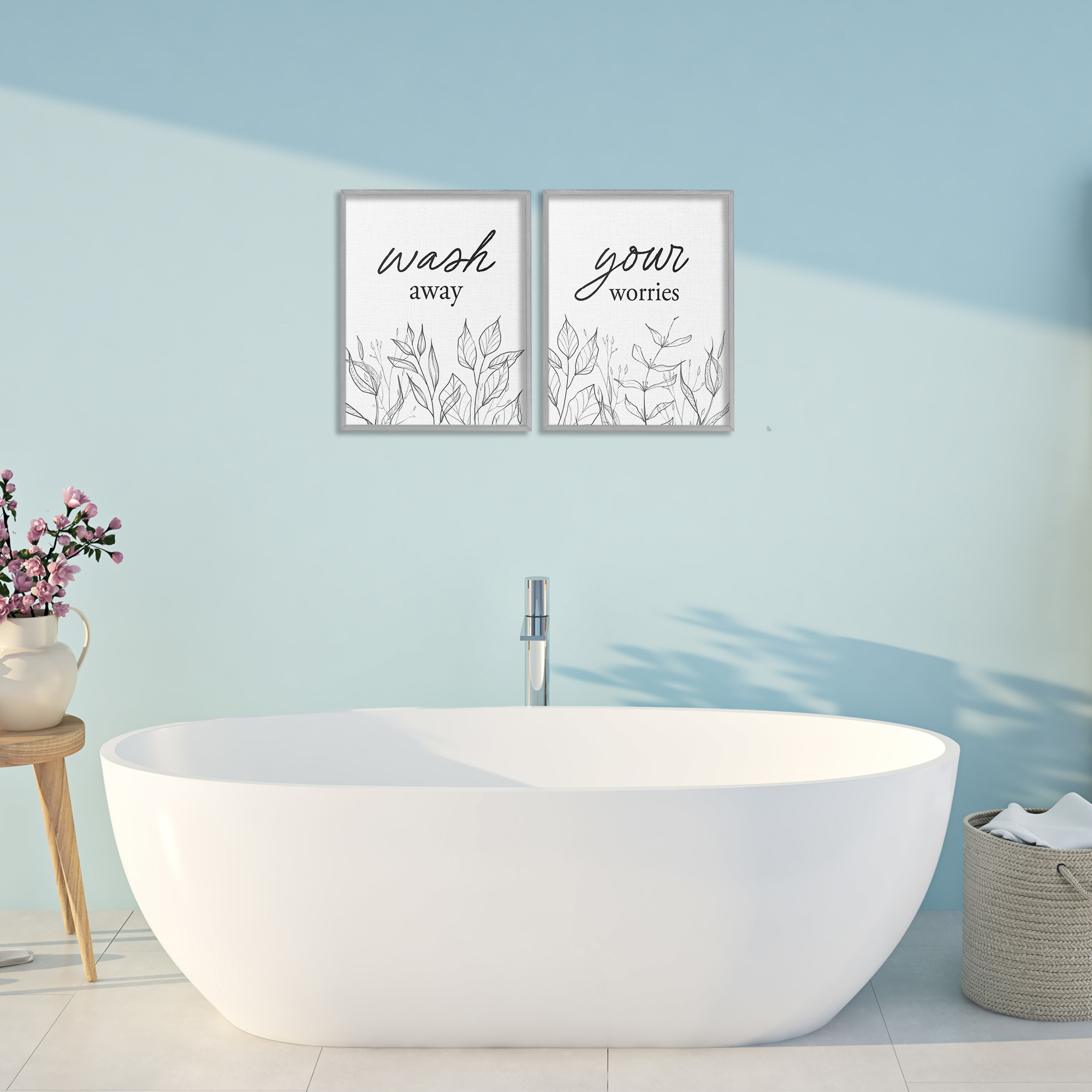 Wash Away Worries Minimalist Leaves 2 Piece Gray Framed Giclee Art Set, design by Lettered and Lined