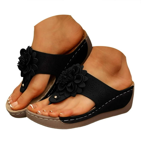 Dakaela Wedge Sandals for Women 2025 Flower Platform Wedge Flip Flops Cushion Causal Summer Shoes