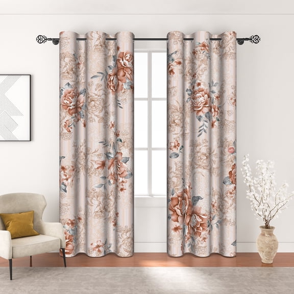 MIZHONA Vintage Blackout Curtains for Bedroom,Red Floral Printed Room Darkening Curtains Set of 2,42"x84"