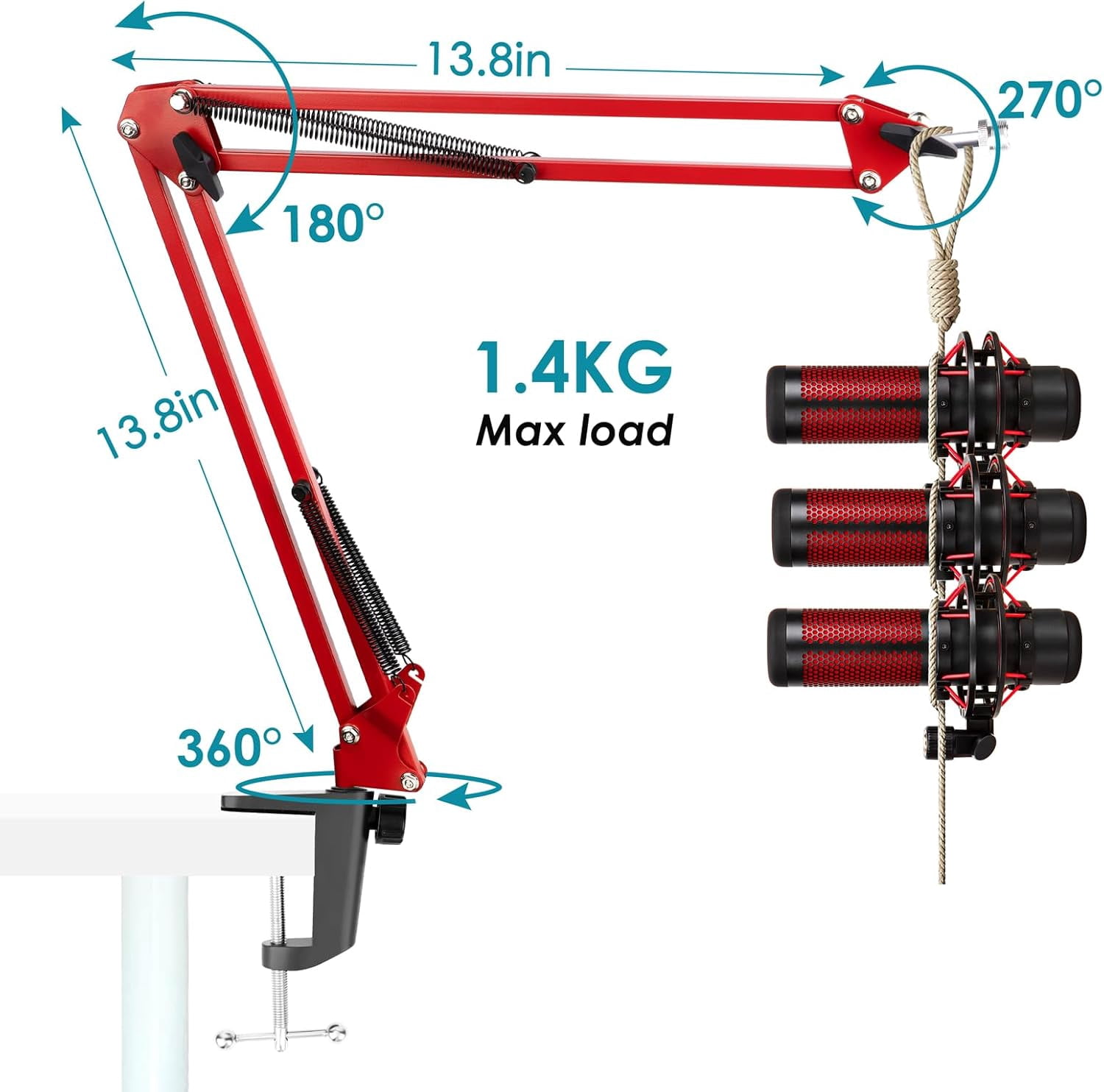 SUNMON Boom Arm Compatible with HyperX Quadcast Microphone, Quadcast Boom Arm with Adapter and 2 Cable Sleeve for Gaming, Streaming（Red）