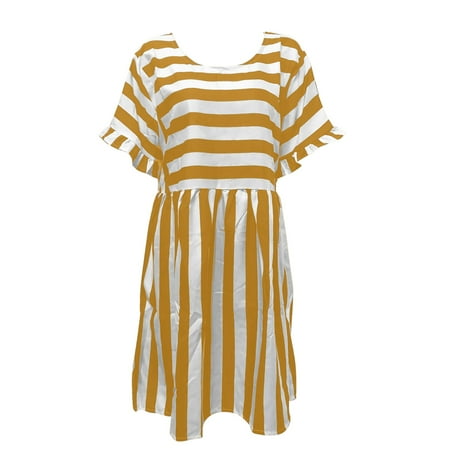 RYKJLWY Graduation Dress Printed Ruffled Short Sleeved Striped Patchwork Pocket Casual Dress Summer Dresses for Women (Yellow XXXL)