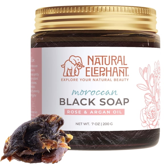 Natural Elephant Moroccan Black Soap 7oz Traditional Hammam Beldi Soap 100% Natural for exfoliating and cleansing (Rose and Argan Essential Oil 200g (7oz))