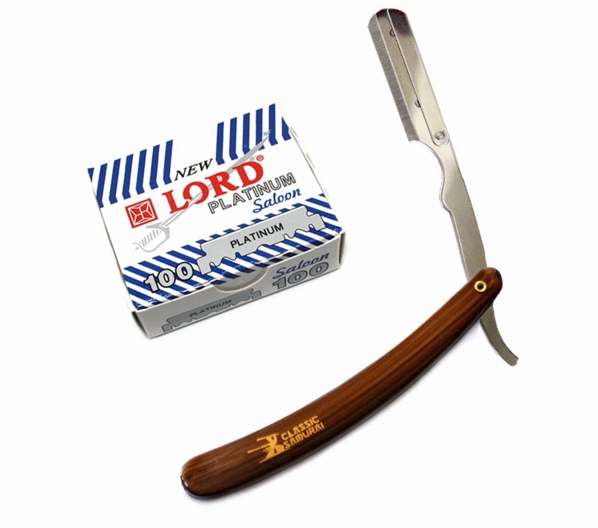 Classic Samurai Stainless Steel Men Shaving Set with CS-101 Brown Professional Barber Straight Edge Razor with 100 Lord Platinum Edge Razor Blades, Shaving Brush