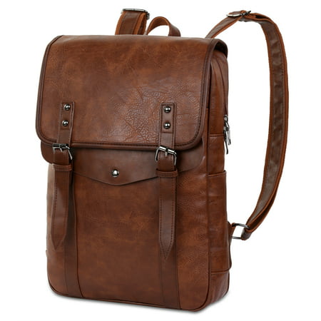 Men PU Leather Backpack - Vbiger Laptop Backpack College School Bookbag Travel Daypack Fits 15'' Laptop, (Best Leather Laptop Backpack)