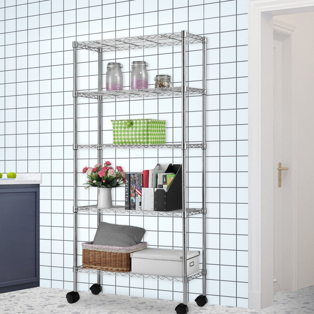 IVV 5-Tier Wire Shelving Unit on Wheels, Adjustable Heavy Duty Metal Storage Rack, Chrome-Plated Rolling Organizer for Kitchen, Laundry, Bathroom, Garage, Pantry, 35.4"L x 13.8"W x 65"H