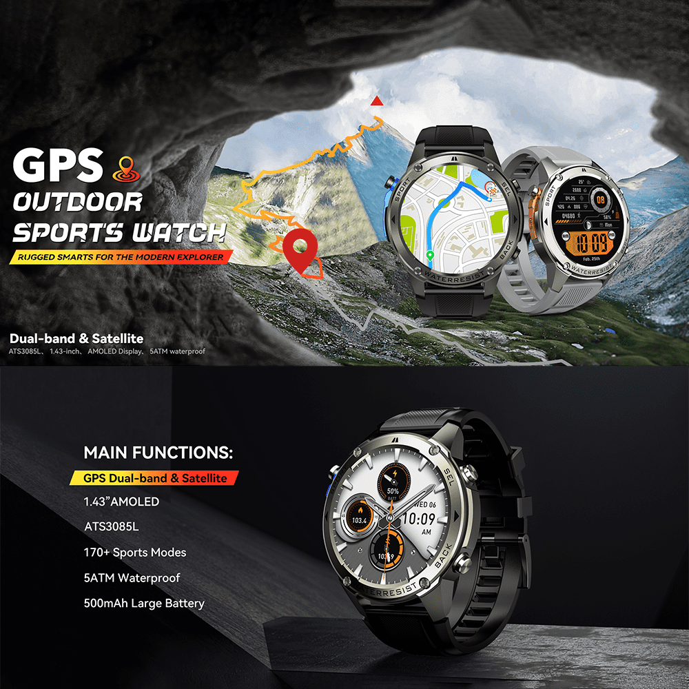 Rainbuvvy DM56 Smart Watch 1.43 Inch Full Touch Screen GPS Barometer Compass 5ATM 170+ Sports Modes IOS Android Outdoor Sports Watch