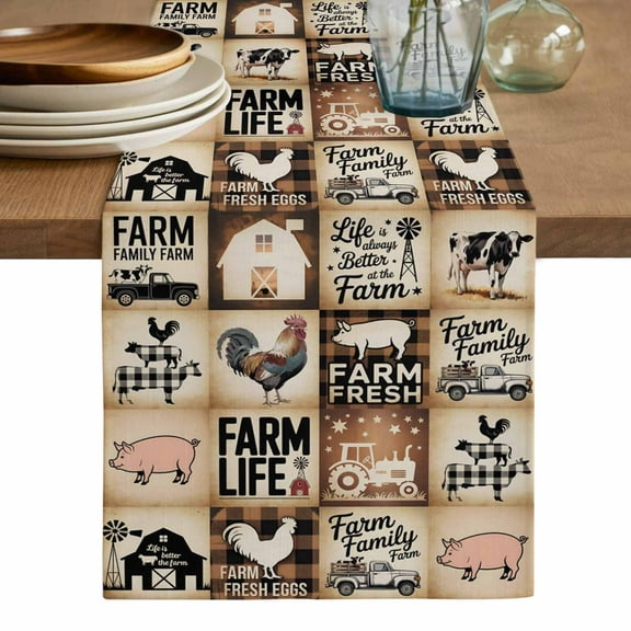 Farm Cow Table Runner, Vintage Chicken Pig Plaid Black Brown Bear Washable Cotton Linen Table Runners 36 Inches Long, Dresser Scarf Runner for Nightstand/End Tables/Round Tables 13''x36''