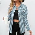 thumbnail image 3 of Defitshape Women's Houndstooth Plaid Long Sleeve Shirts Button Donw Shirt V Neck Loose Fit Blue 6, 3 of 5