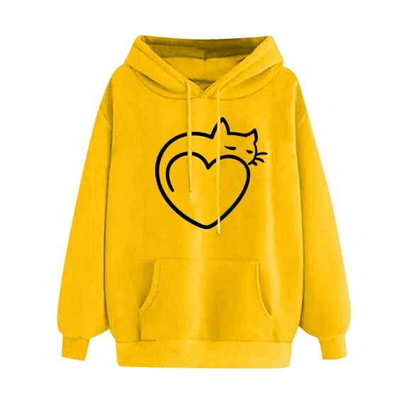 DDAPJ pyju Womens Heart Print Hoodie 2023 Fall Fashion,Loose Casual Drawstring Pullover Hoodie for Cat Lover Oversized Long Sleeve Hooded Sweatshirt with Kangaroo Pocket