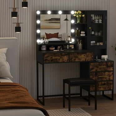 TROPOW Vanity Desk with Mirror and Lights,Makeup Vanity with Mirror and Lights, Vanity Desk with Stool, Makeup Table with Charging Station and Drawers, Black