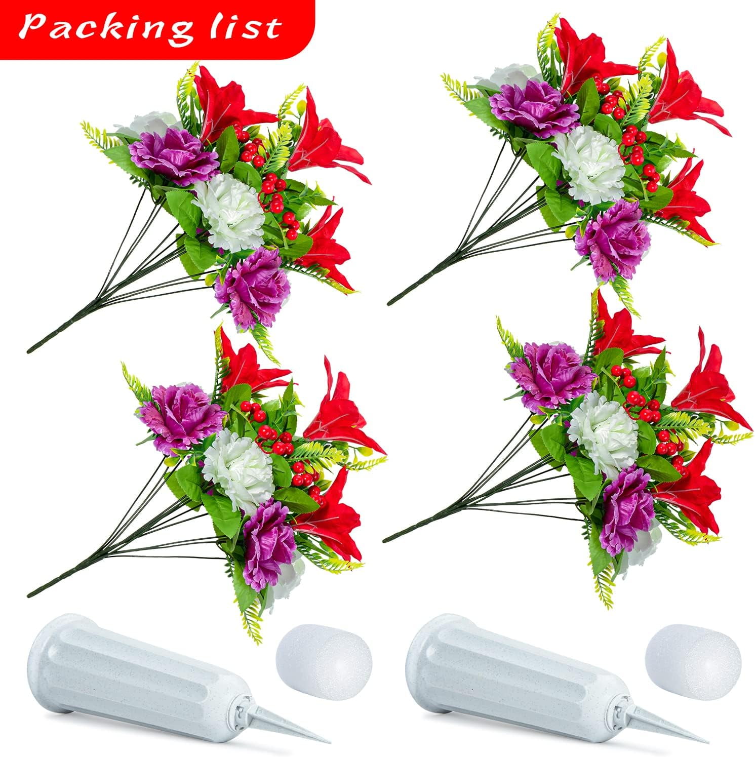 Artificial Cemetery Flowers, Spring Memorial Bouquet with Vase, Outdoor Grave Flowers Decorations, Artificial Dahlia Bouquet for Graveyard, Headstone Decoration, Set of 4
