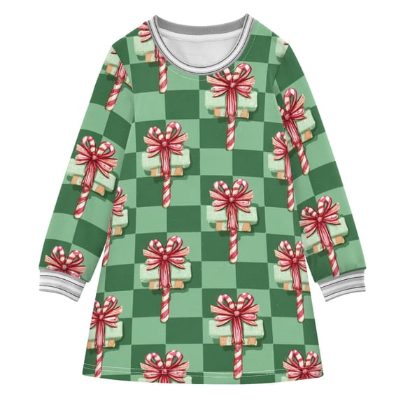 Christmas Green Plaids Candy Cane with Bows Long-sleeved Dress A-line One-Piece Dress for 2-8 Years Casual Party 2T