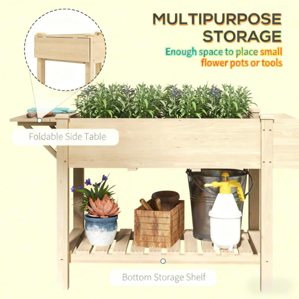 Elevated Garden Bed, Wood Raised Garden Box with Side Table, Bottom Shelf, Bed Liners and Drainage Holes