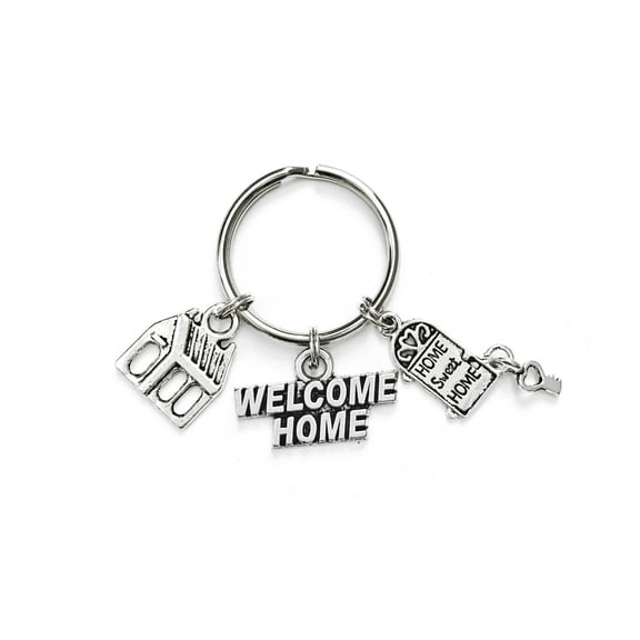 New Homeowner themed keychain. Door with Key and Home Sweet Home, Welcome Home Sign, and a House Charms. First Time Home Buyers Gift.