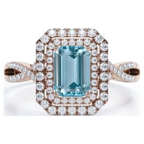 JeenMata Pave Crossover 1.35 Carat Emerald Cut Vivid Blue Created Aquamarine and Moissanite Double Halo Design Engagement Ring in 18K Rose Gold Plating over Silver