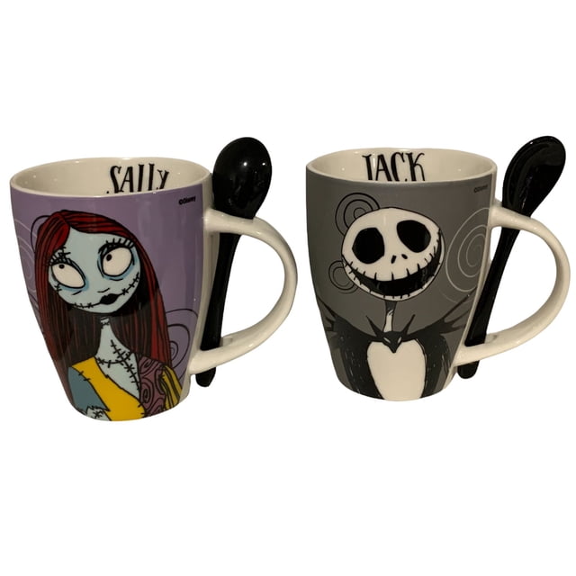 Juego 2 Tazas Jack & Sally de Porcelana Con Cuchara, 310 ml con Caja de Regalo Skellington