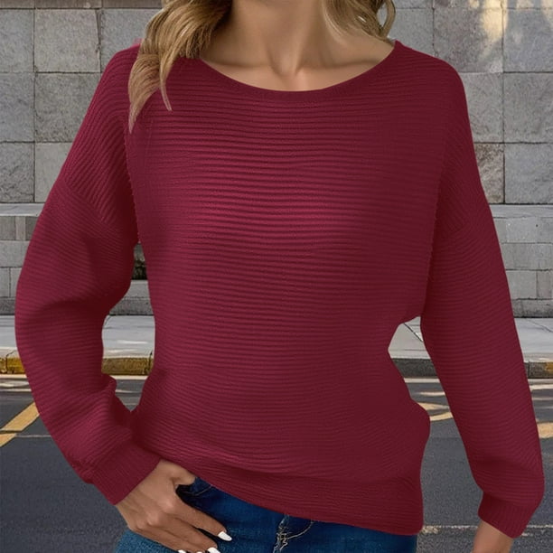 Suéter de cuello redondo para mujer, color liso, suelto, cuello redondo, manga larga, túnica, blusa para mujer