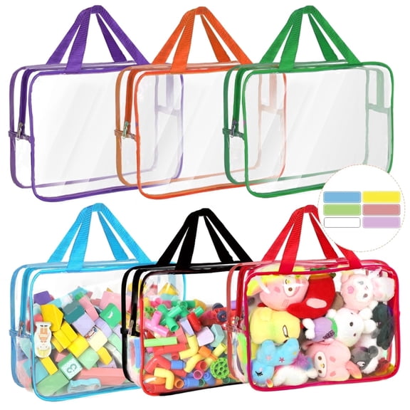 6 Packs Toy Storage Bags with Labels, 11.8x8.7x3.9In Large PVC Reusable Clear Board Game Storage with Zipper, Travel Waterproof Organizer Bags for Building Blocks, Puzzle, Books, Stationery