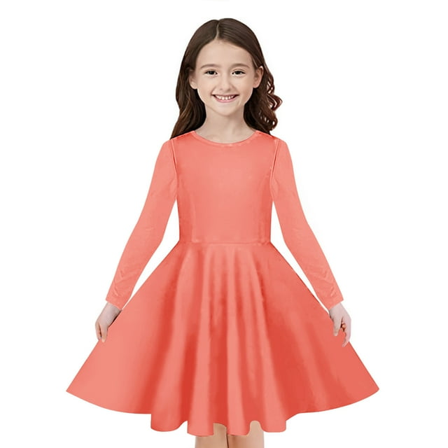 Odeerbi Niñas Manga Larga A-Vestido de Manga Larga Para Niñas Vestido Acampanado de Primavera Vestido Elástico de Colores Sólidos Vestido de Patinadora Twirly Vestido de Recital Escolar
