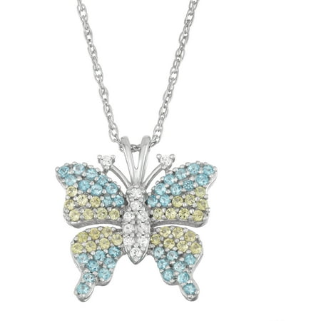 Pave Blue Topaz and Peridot Gemstone Sterling Silver Butterfly Pendant, 18