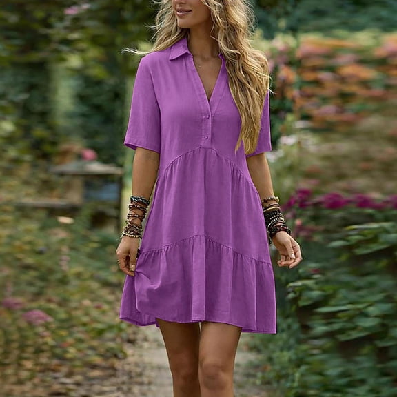 Guieoi Summer Dresses for Women Cotton-Linen Collared Short-Sleeve Cropped Button-Down Dress Purple L
