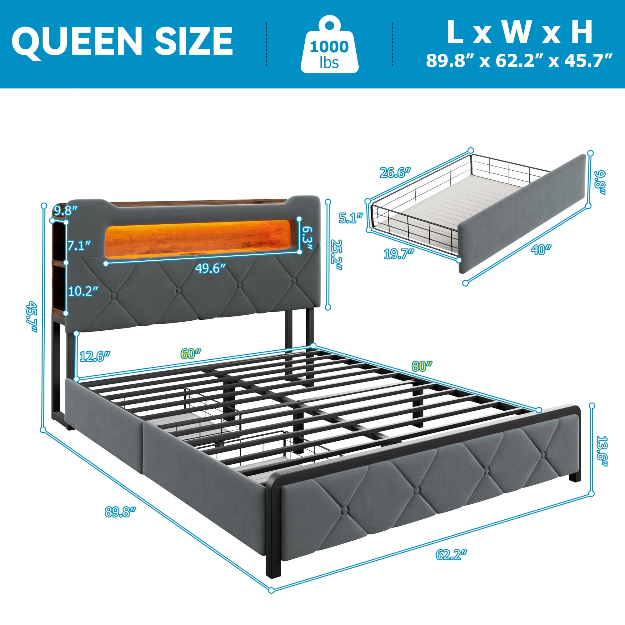 Queen Upholstered LED Bed Frame with 2 Storage Drawers and 2-Tier Storage Headboard, Velvet Platform Bed with Charging Station & Bookcase, Heavy Duty Metal Support, No Box Spring Needed, Grey