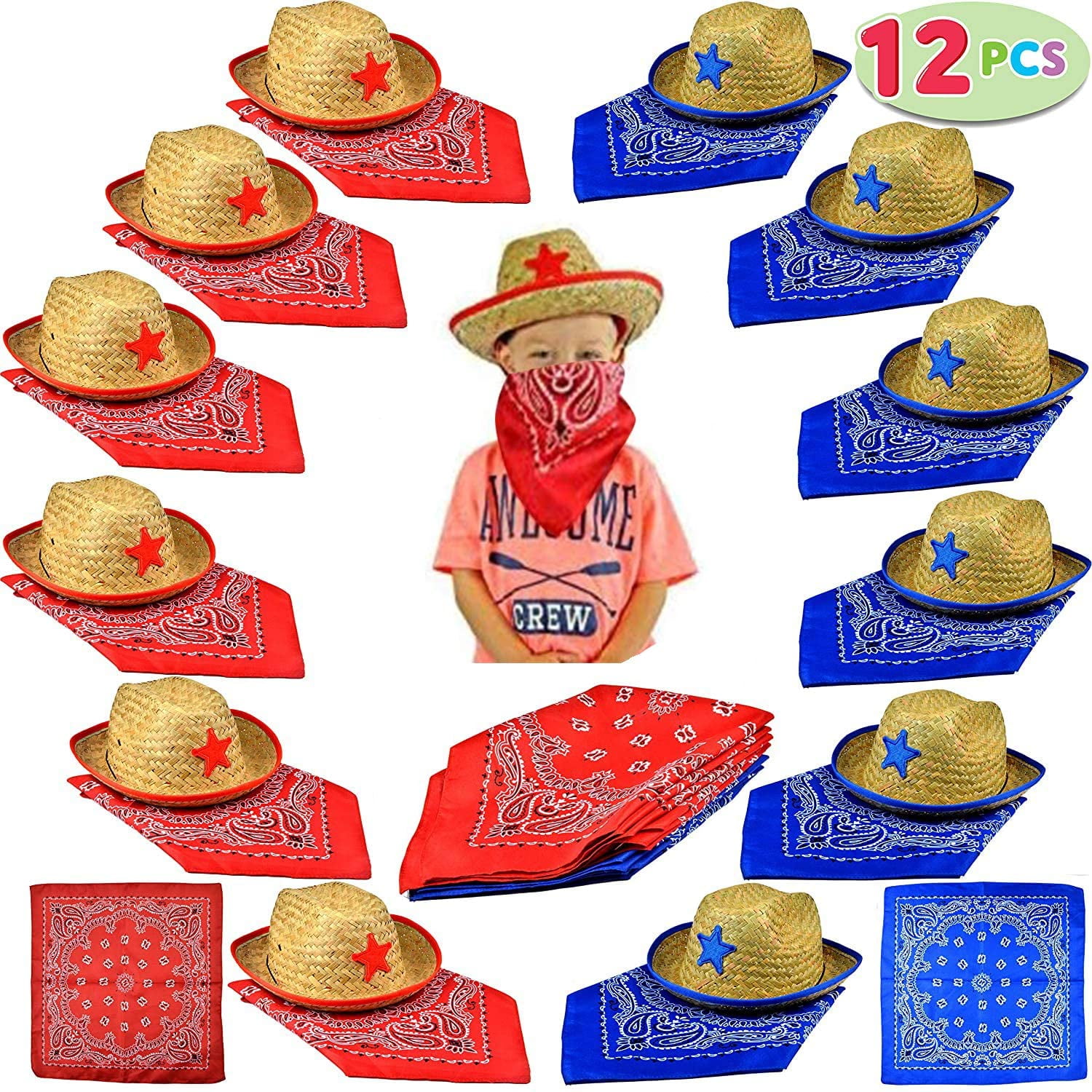 Gold Toy Toy Pack of 12 Childs Straw Cowboy Hats with Cowboy Bandannas