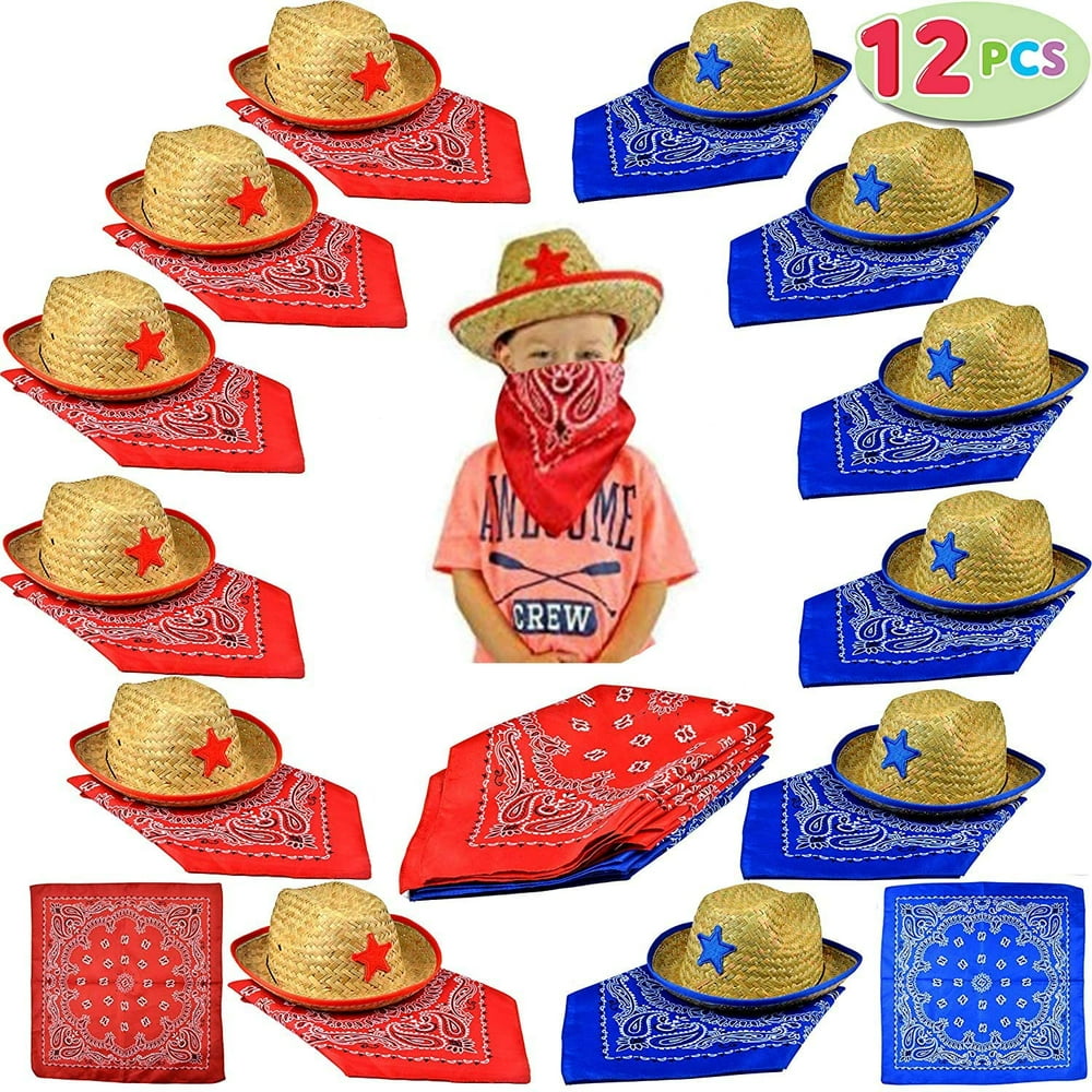 Gold Toy Toy Pack of 12 Childs Straw Cowboy Hats with Cowboy Bandannas
