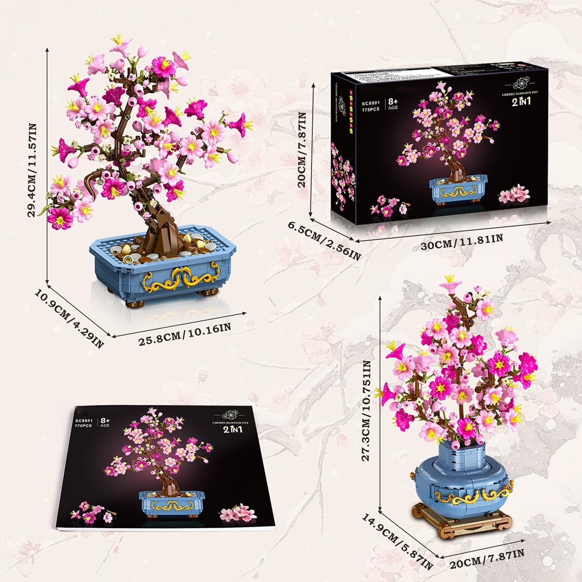 HOGOKIDS Cherry Blossom Bonsai Building Set 2-in-1, 775 PCS Flower Botanical Building Blocks with Display, Artificial Plant Model Kit for Adults Teens, Home Decor Gift