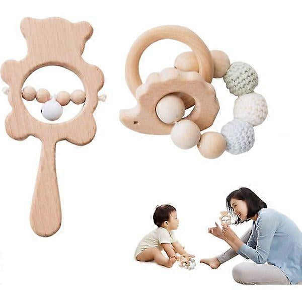 2pcs natural beech wood animal crochet bead bracelet baby rattle sensory toy (rabbit)