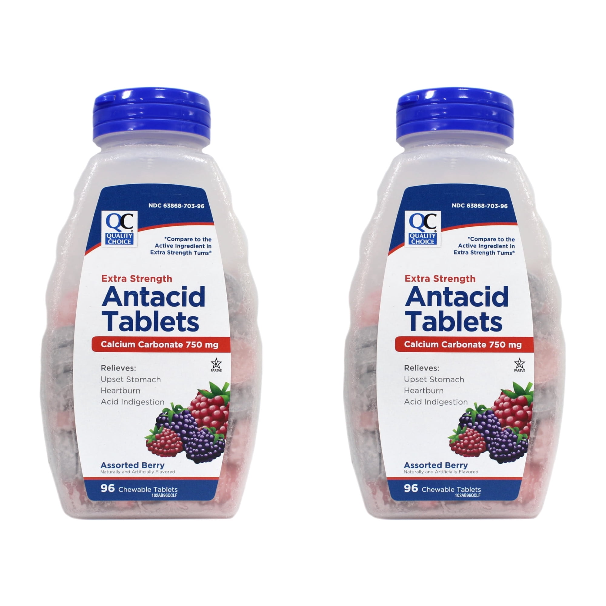 Quality Choice Extra Strength Antacid Tablets Calcium Carbonate 750 mg Assorted Berry Chewable 96 Count (Pack of 2)