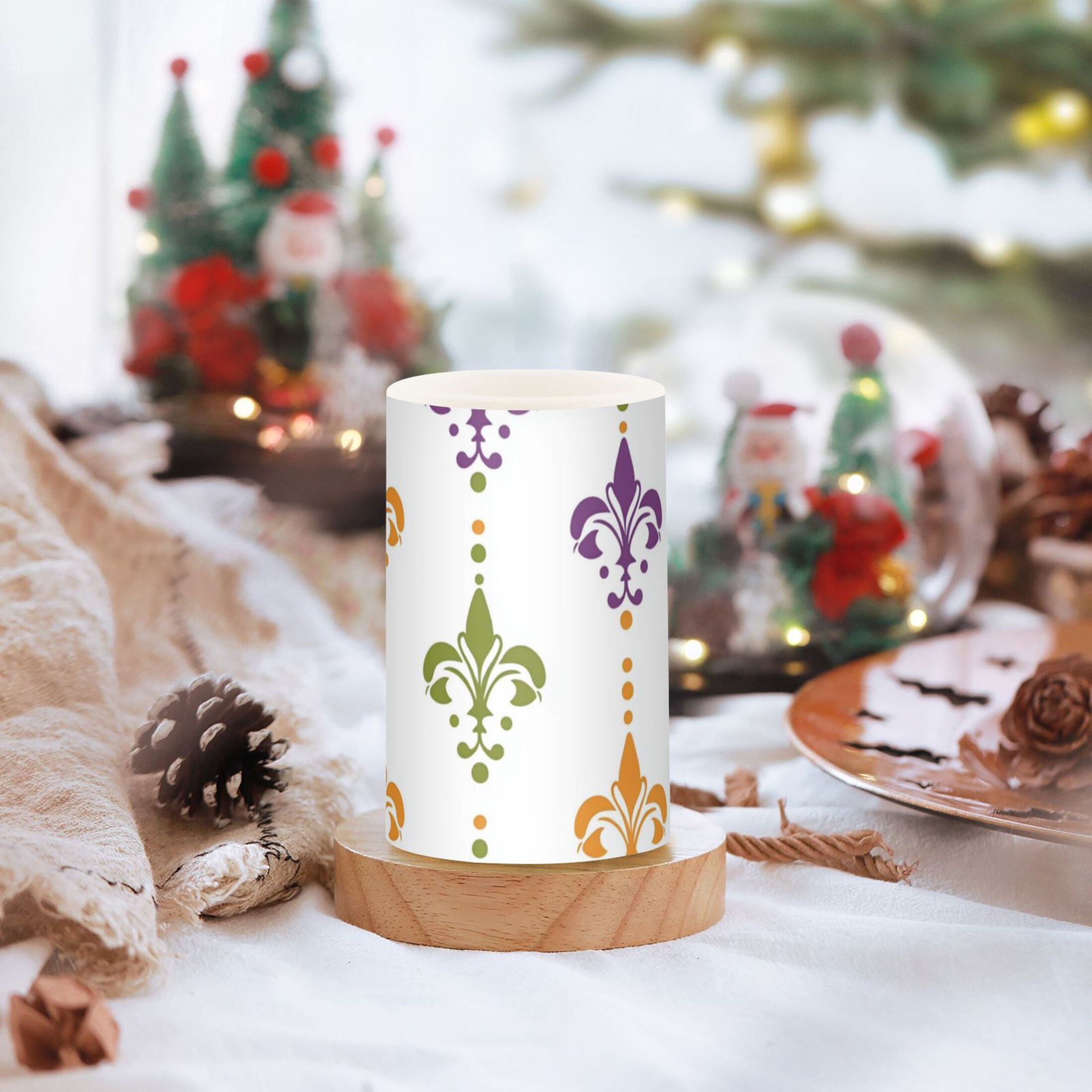 Mardi-gras Flower Patterns Flickering Flameless Candles LED Tealight Battery Operated with Remote Set of 2 Holiday Decor Ornaments
