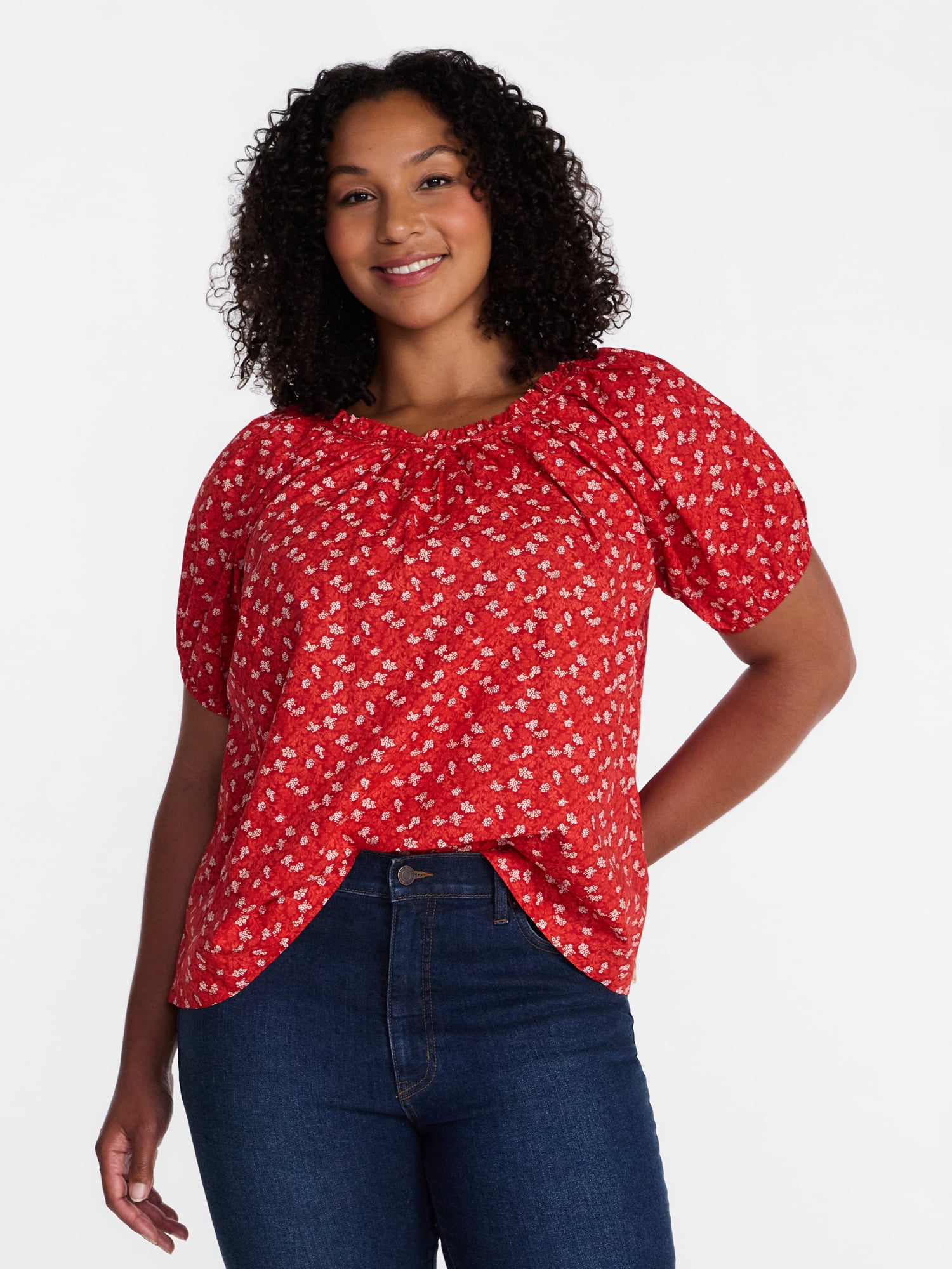 Time and Tru Women's Ruffle Neck Cotton Top with Short Puff Sleeves, Sizes XS-XXXL