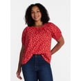 thumbnail image 2 of Time and Tru Women's Ruffle Neck Cotton Top with Short Puff Sleeves, Sizes XS-XXXL, 2 of 6
