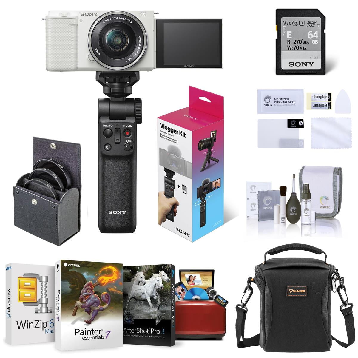 Sony Sony ZV-E10 Mirrorless Vlog Camera with 16-50mm Lens, White - Bundle with Vlogger Accessory Kit, Corel Mac Software Kit, Shoulder Bag, Screen Protector, 40.5mm Filter Kit, Cleaning Kit