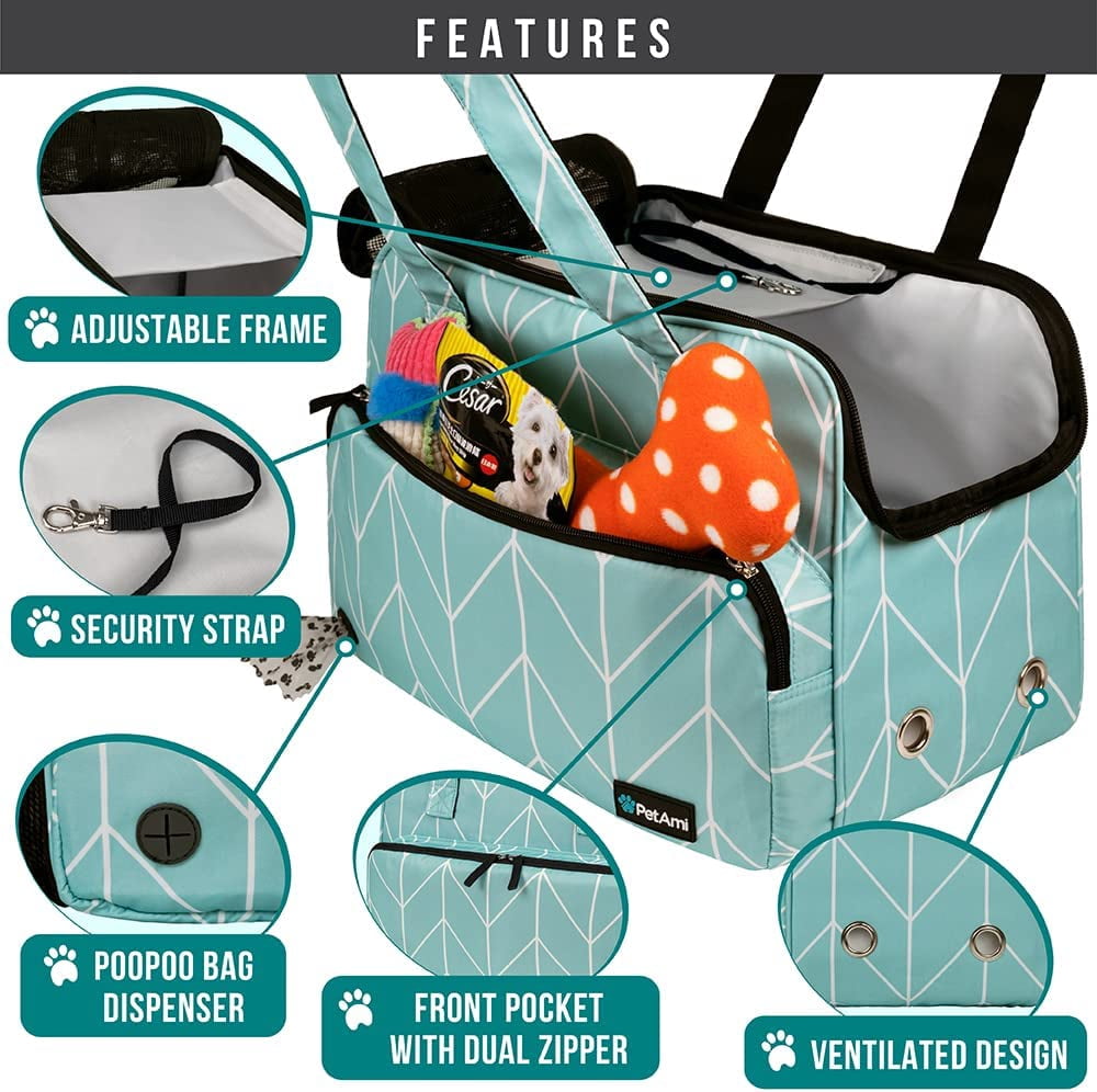 Small Dog Purse , Soft-Sided Travel Bag with Pockets, Airline Approved Breathable Mesh, Poop Bag Dispenser,  Teal