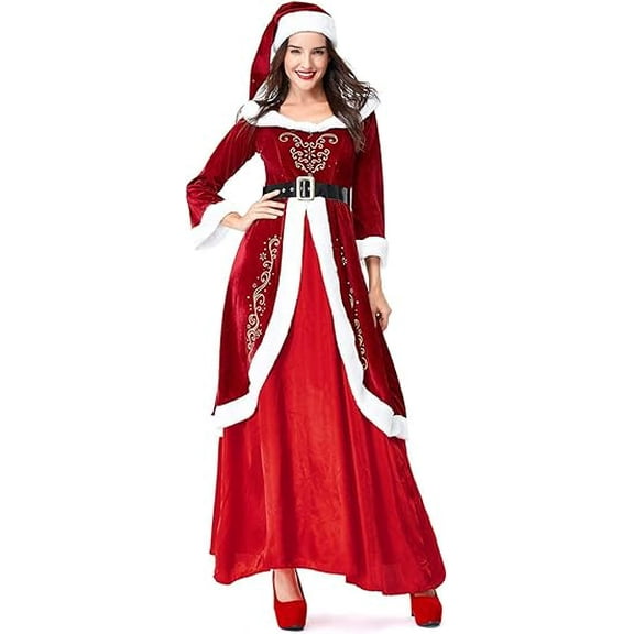 GOBWCOT Women's Santa Outfits Adult Dress with Hat for Christmas New Year Party Mrs Claus Suit(M)
