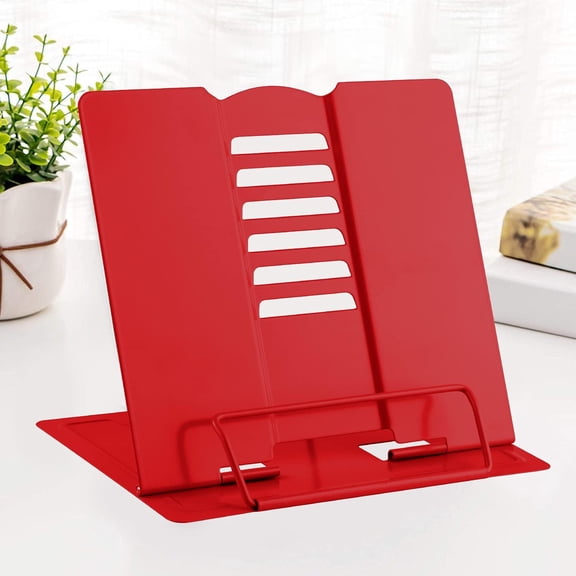 Desk Book Stand Metal Reading Rest Book Holder Adjustable Cookbook Documents Holder Portable Sturdy Bookstands for Recipes Textbooks Tablet Music Books with Page Clips (Red)