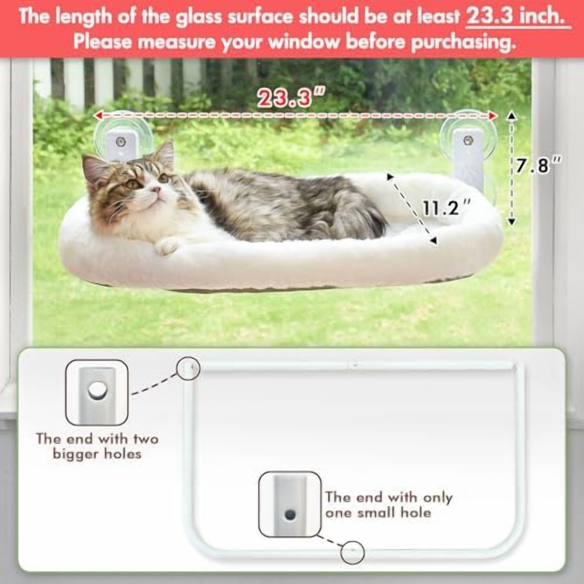 Cordless Cat Window Perch, Window Hammock for Cats with 4 Strong Suction Cups, Solid Metal Frame and Soft Cover, Indoor Cat Bed