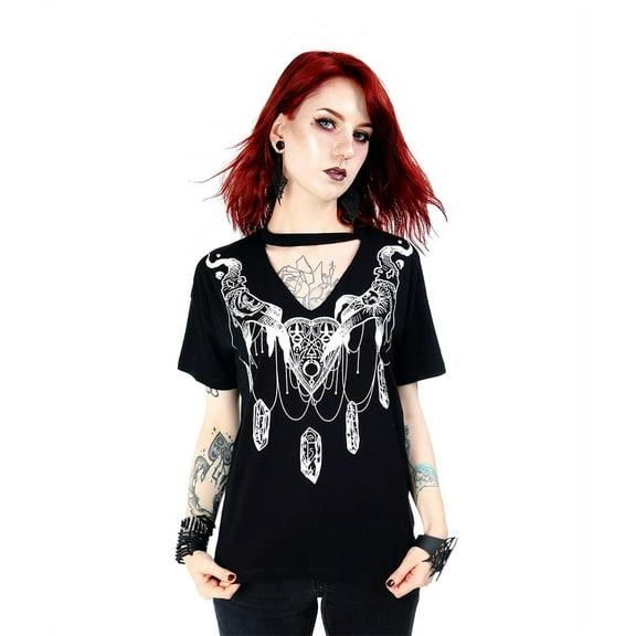 Haunted Ouija Planchette Gothic V-Neck with Choker Shirt (XS)