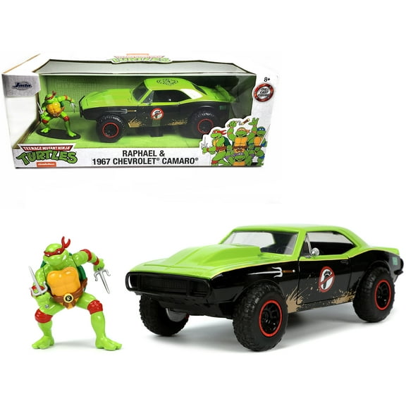 1967 Chevrolet Camaro Offroad Bright Green & Matt Black (Dirty Version) & Raphael Figure 1/24 Diecast Model Car by Jada